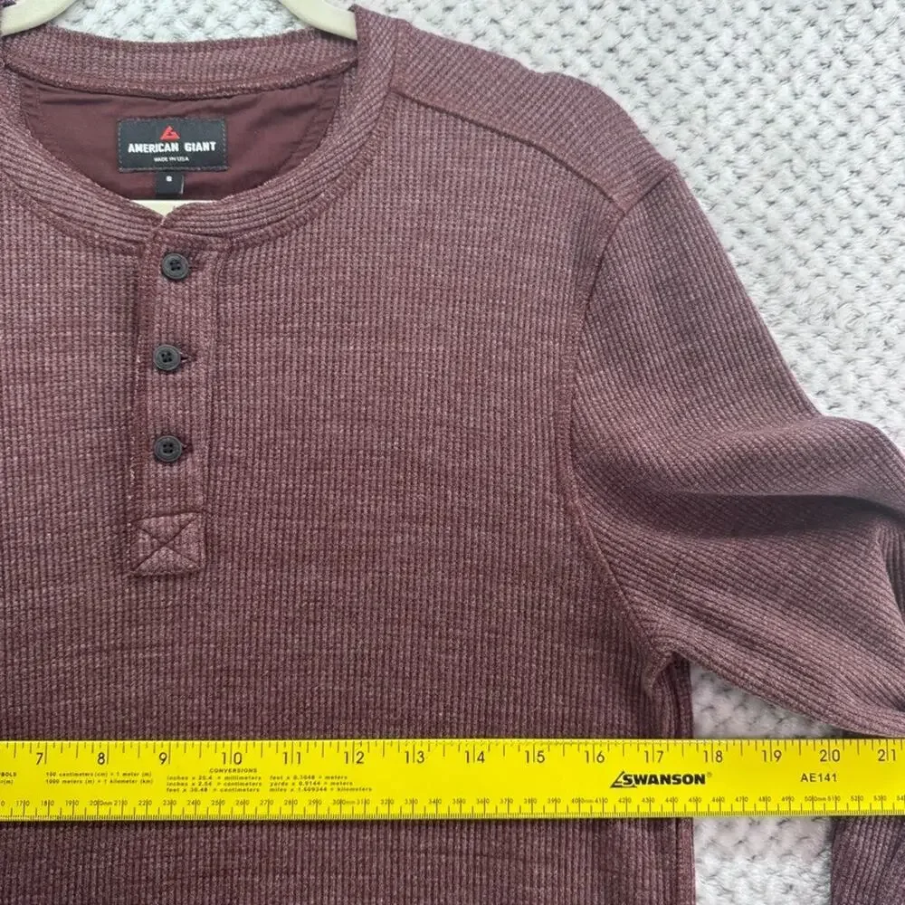 American Giant Thermal Henley Sweater Mens S Burgundy Rib Knit Top Crew Neck USA